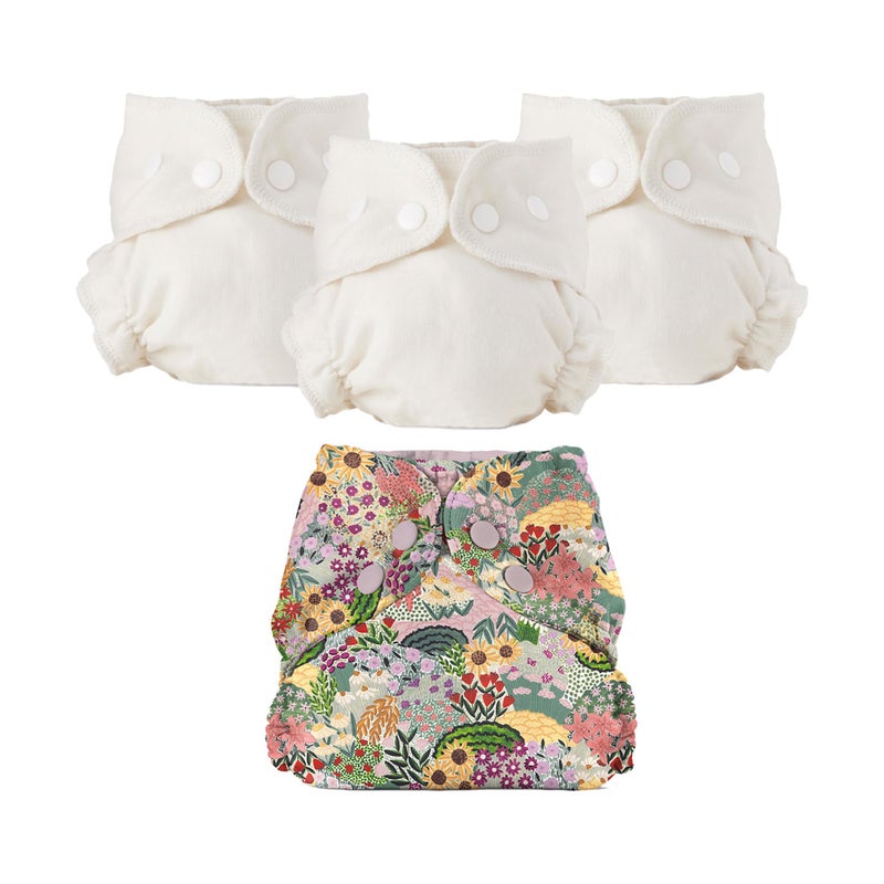 Esembly Cloth Diaper Bundle Set - 3 Organic Cotton Absorbent Inners and 1 Waterproof Outer Diaper Cover - Reusable, Washable, Snap Closure Cloth Diapers - Size 1 (7-17lbs), Off-Leash - Image 1